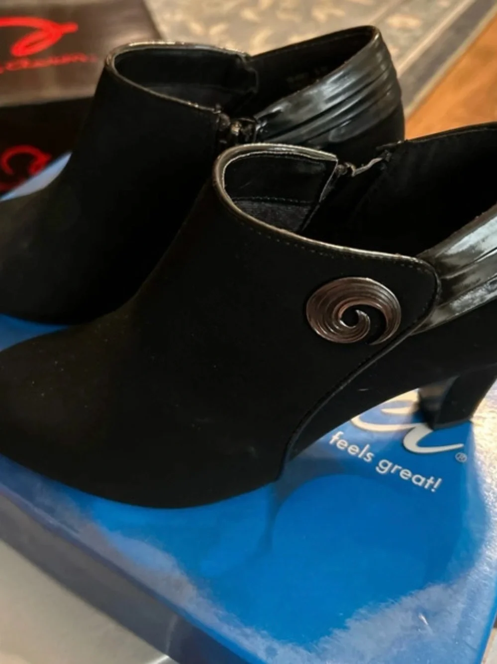 easy street Black Heeled Ankle Booties with Swirl Accent